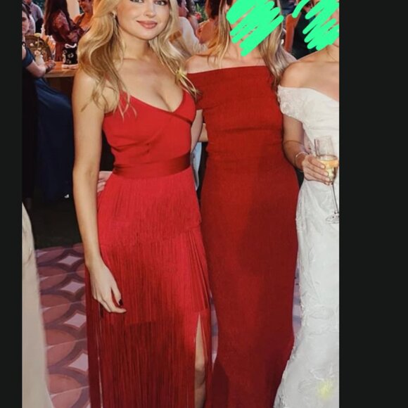 HERVE LEGER Strappy Ottoman Fringe Gown In Rio Red - Picture 2 of 7